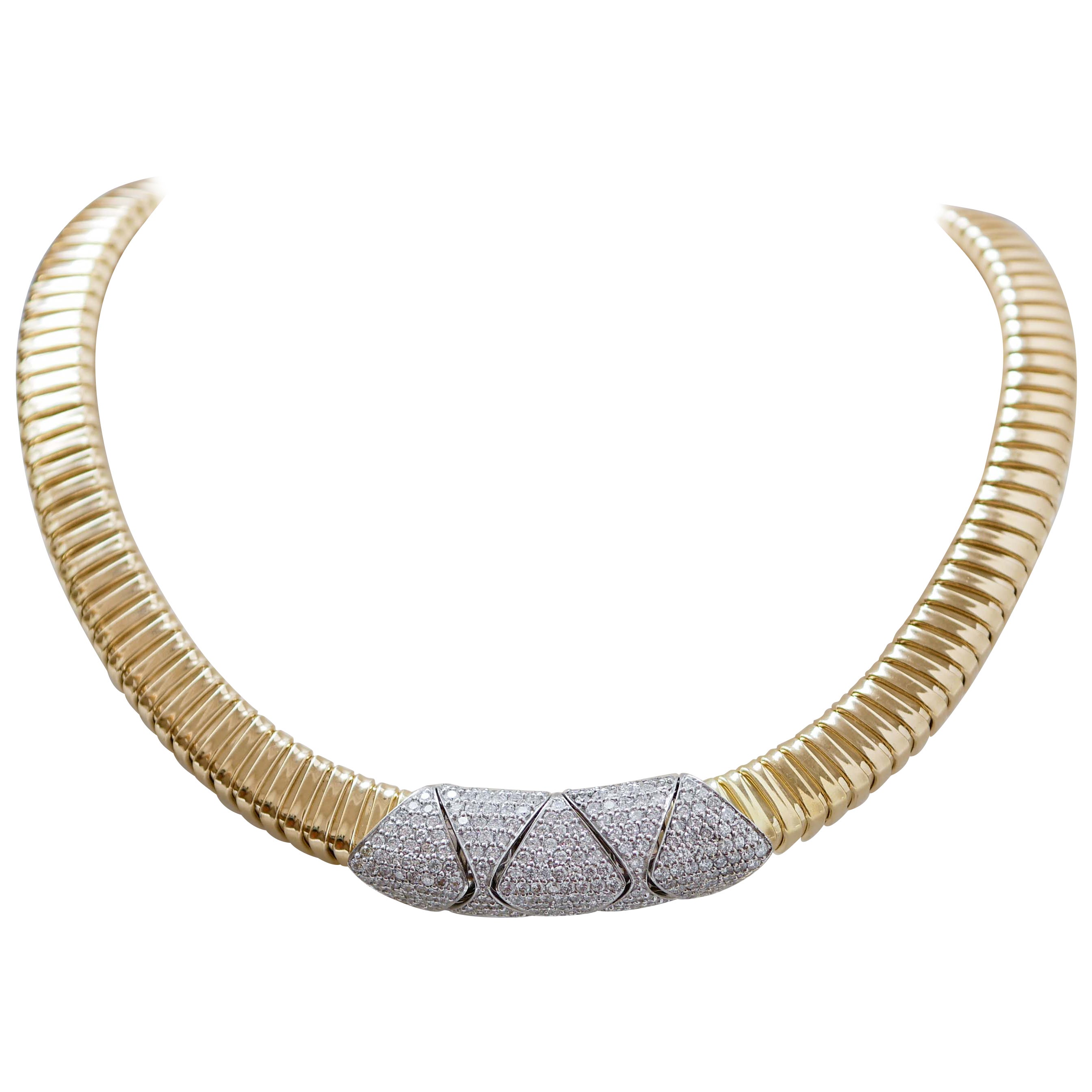 Diamonds, 18 Karat Yellow Gold and White Gold Tubogas Necklace. For Sale
