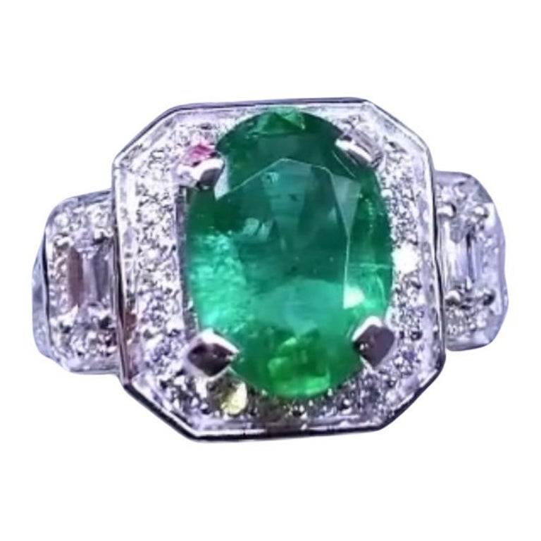 AIG Certified 3.20 Carats Zambian Emerald  1.20 Ct Diamonds 18K Gold Ring  For Sale