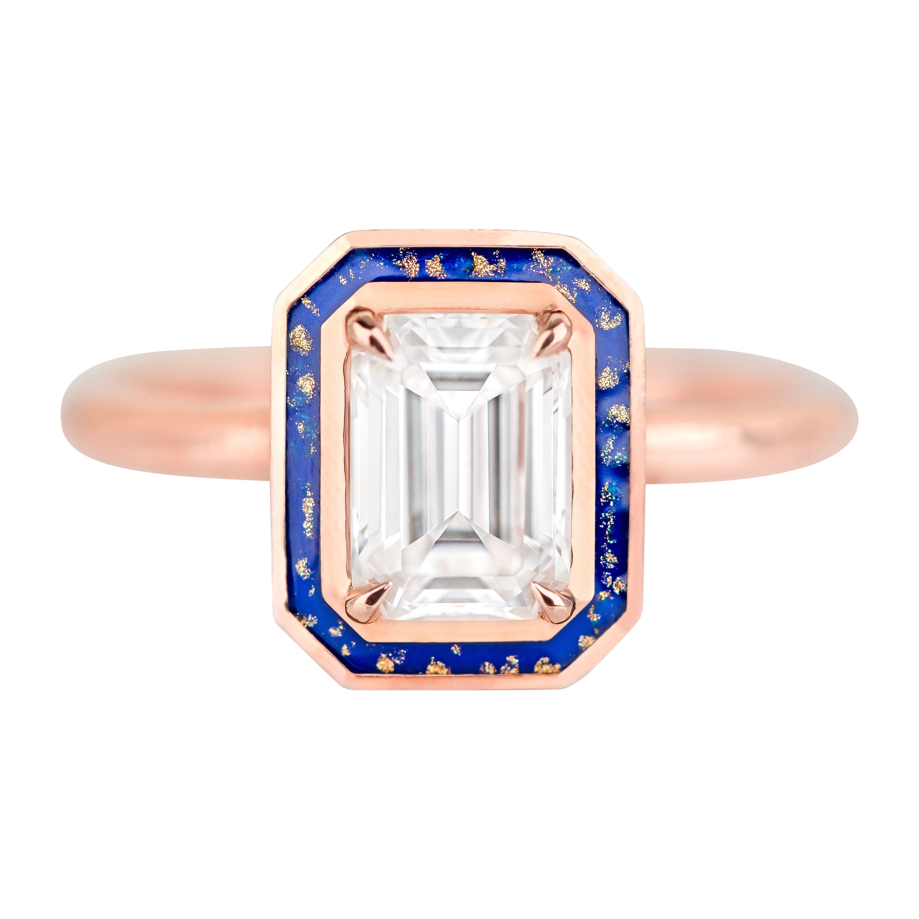 Art Deco Style, 0.90-1.00 Ct Moissanite Stone and Colorful Enamel, 14K Gold Ring For Sale