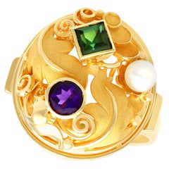 Anello d'epoca con perle tedesche, tormalina, ametista e oro giallo 14 ct.