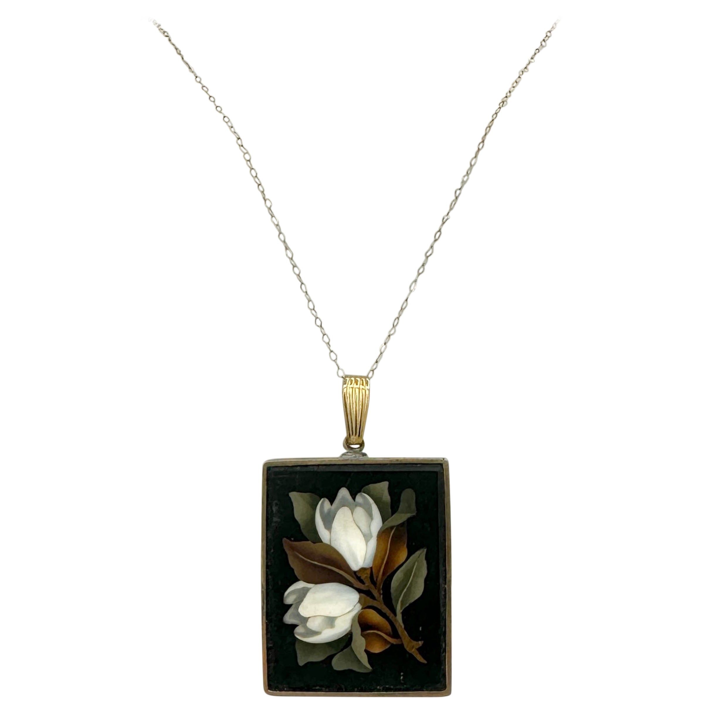 Pietra Dura Flower Lily Pendant Necklace Gold Antique Victorian Etruscan  For Sale