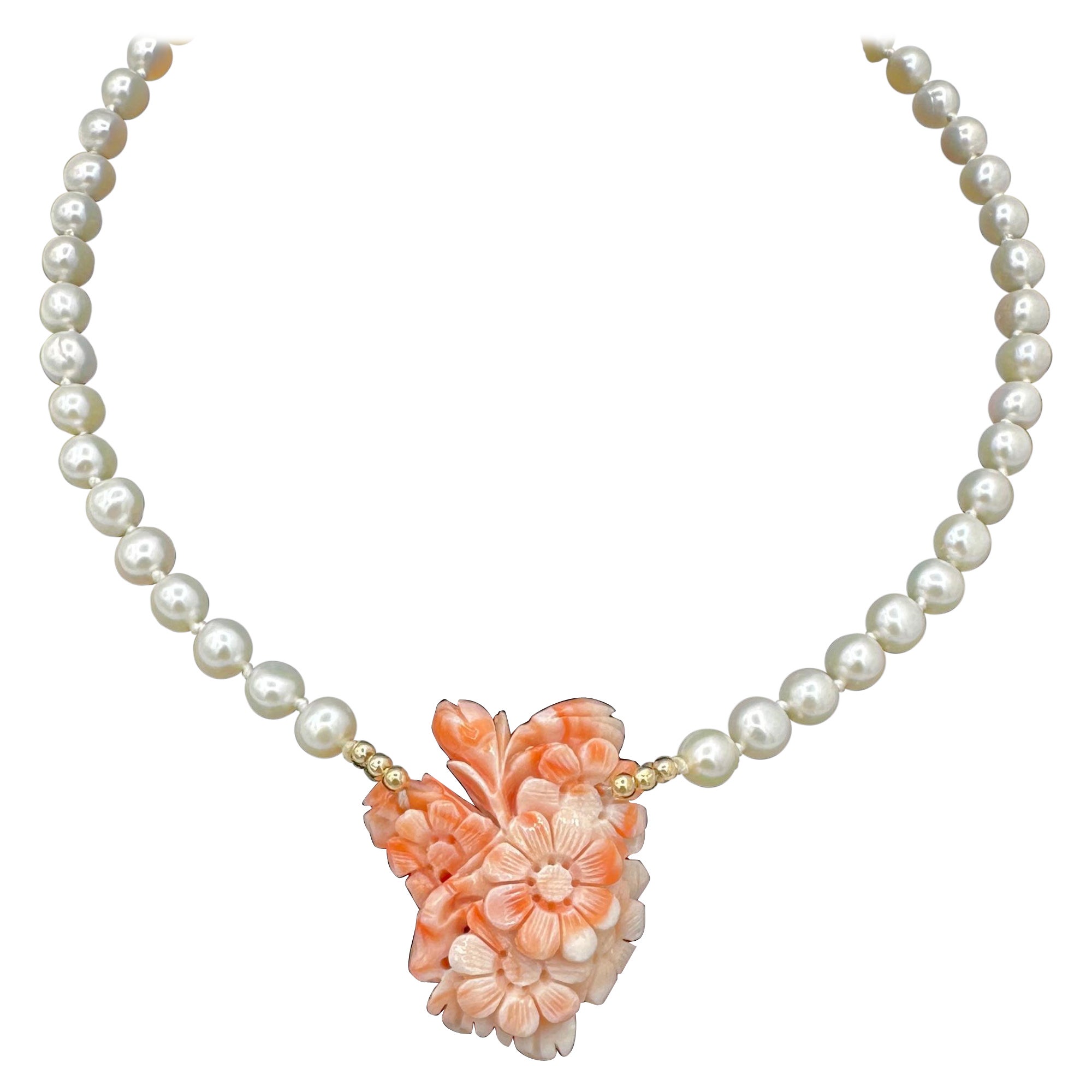 Coral Flower Pearl Necklace 14 Karat Gold Hand Carved Coral Flower Bouquet For Sale