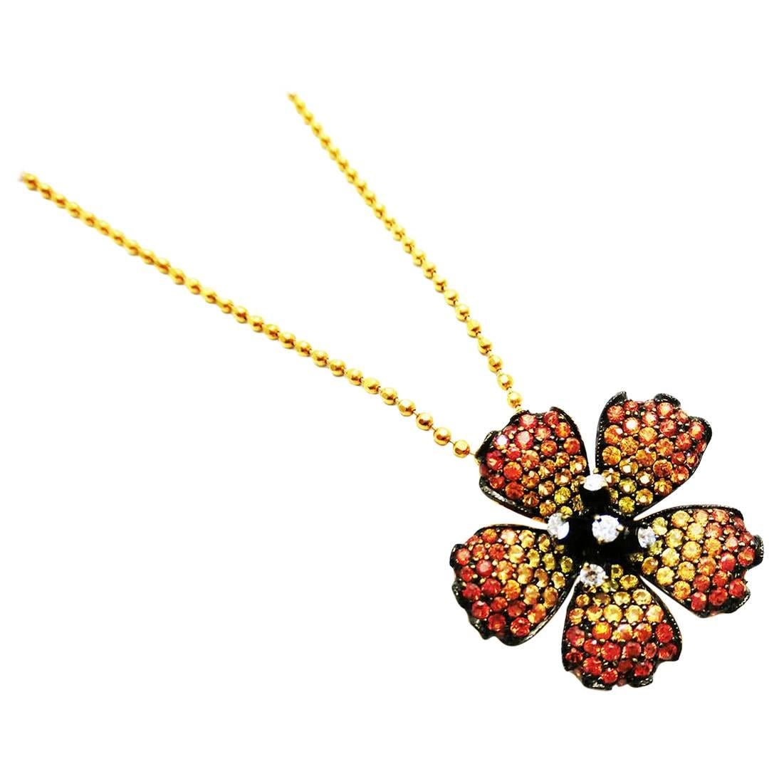 Poppy Flower Pendant with Yellow and Orange Sapphire and Diamond