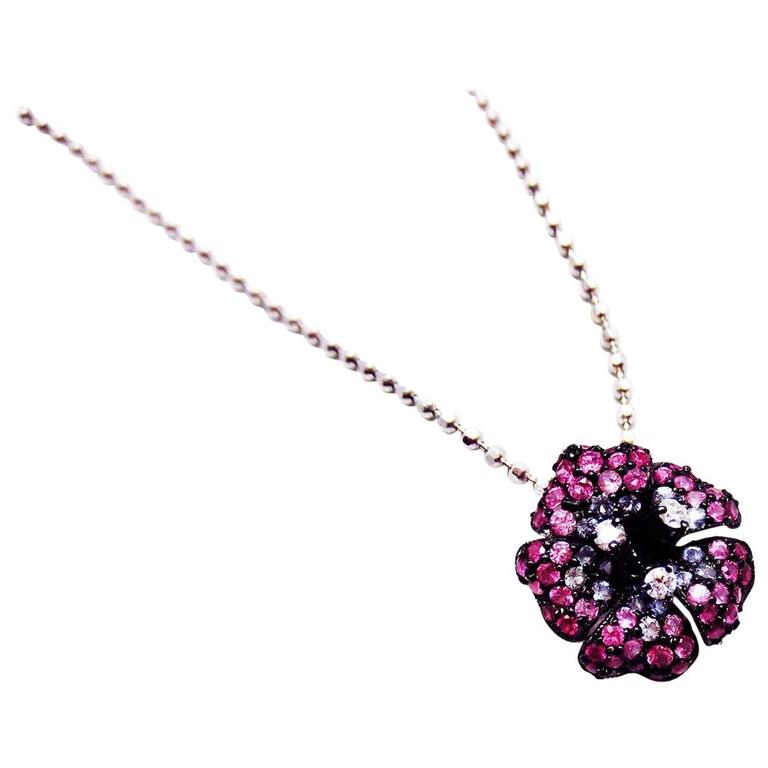 Tiny Flower Pendant with Ruby, Pink Sapphire, Sapphire and Diamond For Sale