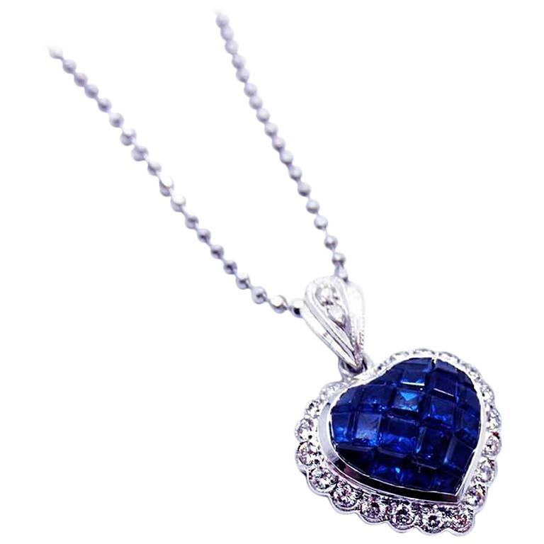 Blue sapphire heart pendant and diamond For Sale at 1stdibs