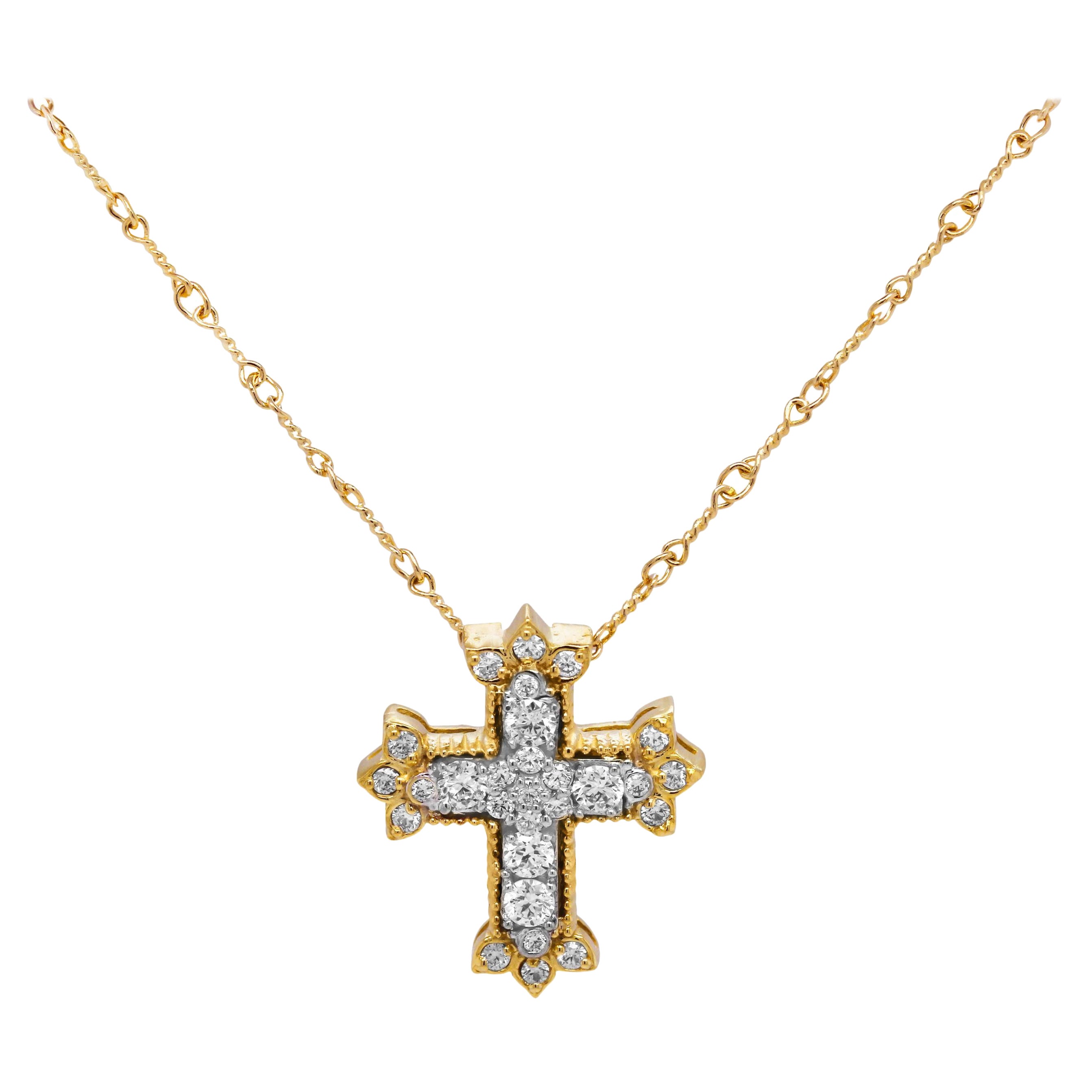 Stambolian 18K Yellow White Two Tone Gold Diamond Cross Pendant Necklace For Sale