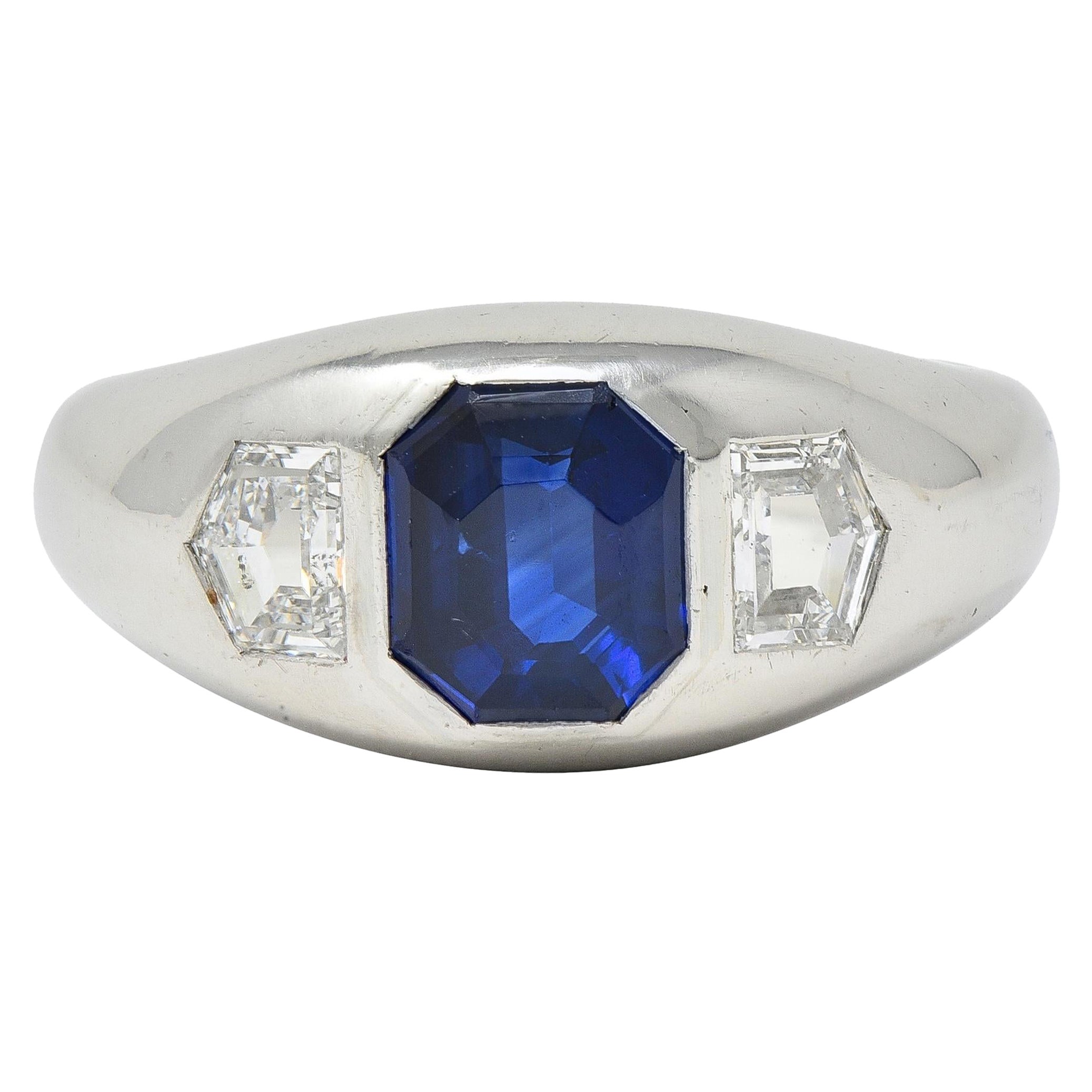 Mid-Century 3.07 CTW No Heat Sapphire Diamond Platinum Three Stone Ring GIA For Sale