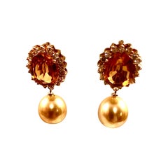 Madeira citrine, golden south sea pearl and diamond earrings