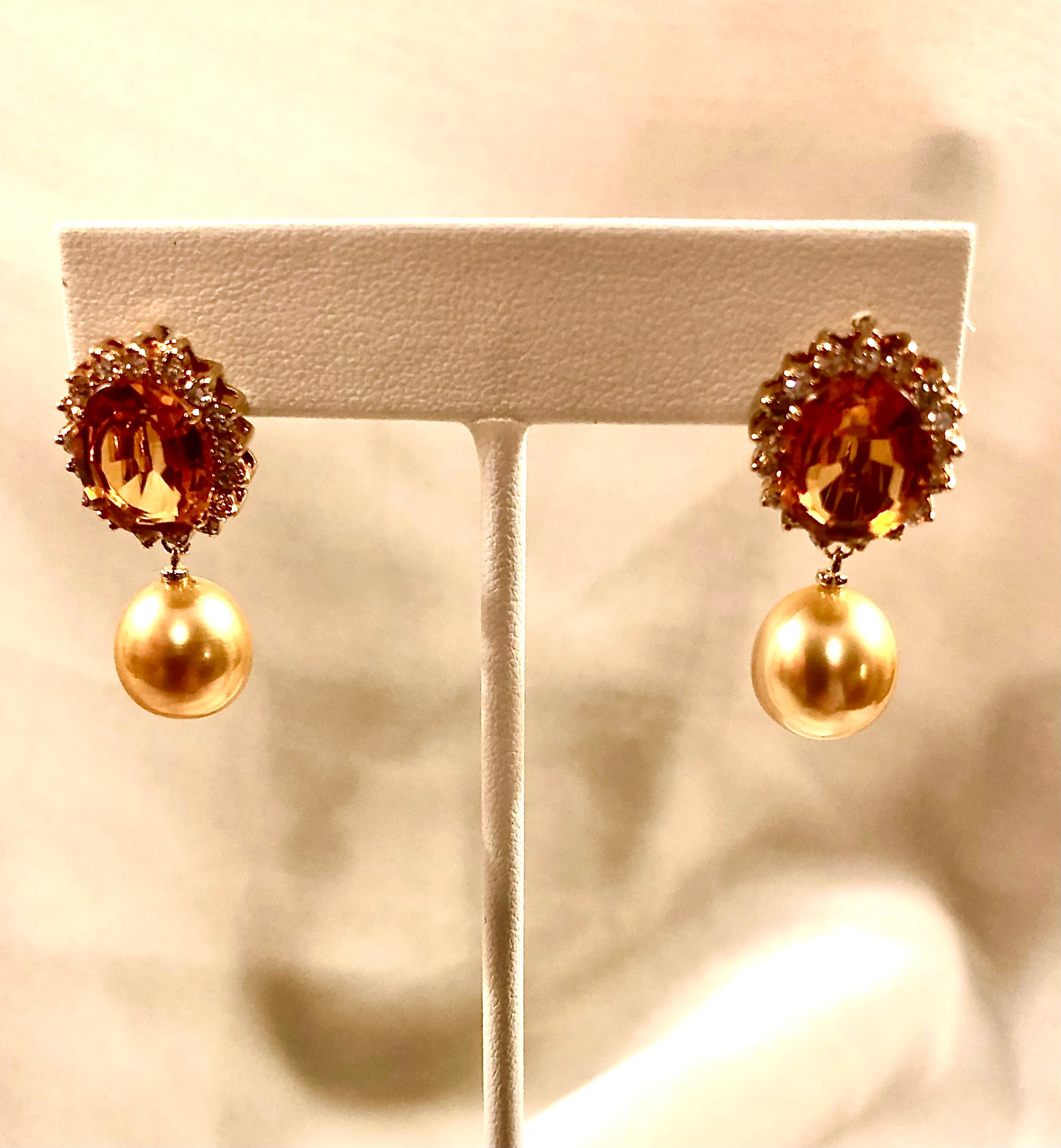 Madeira citrine, golden south sea pearl and diamond earrings