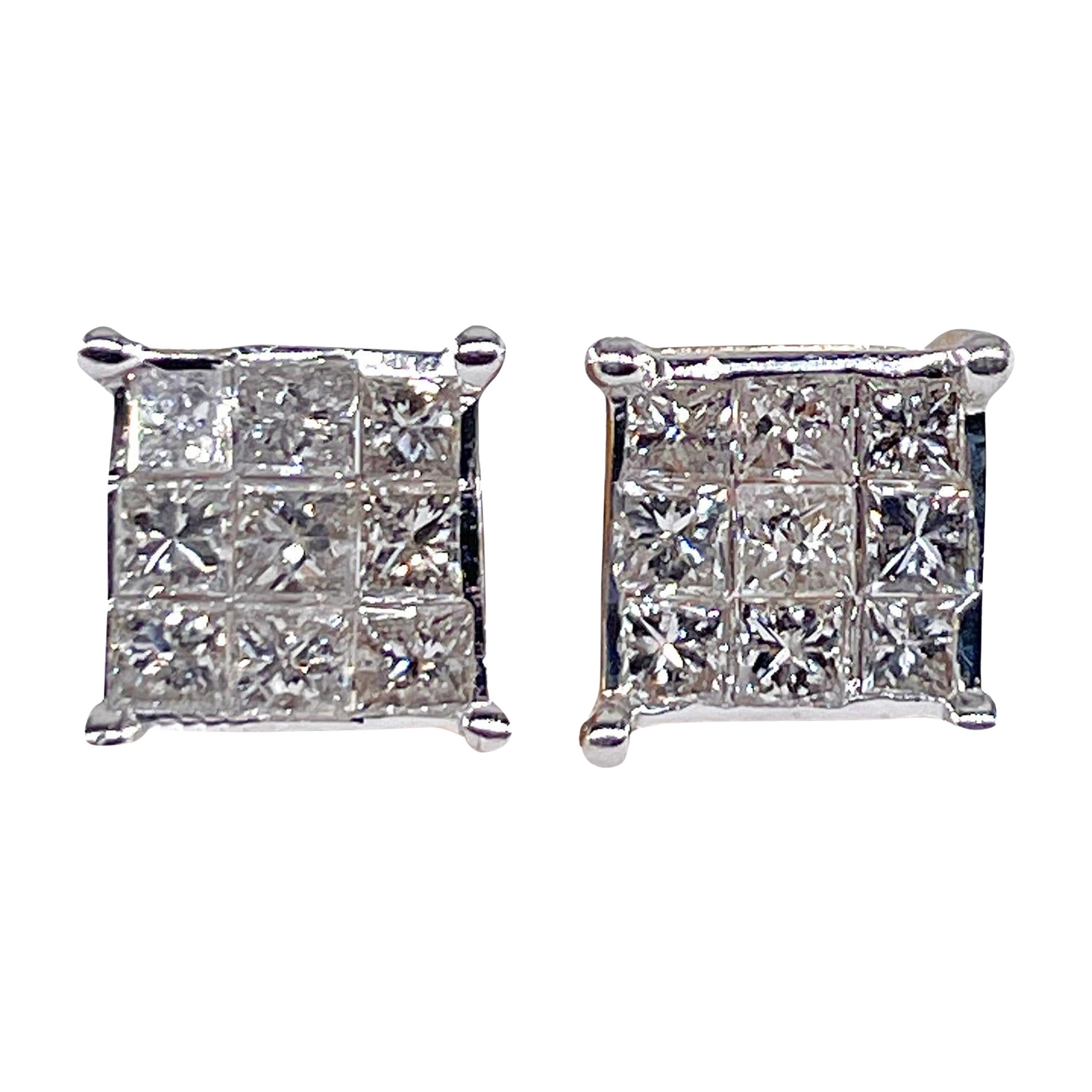 Unisex Invisible Set 1.50ctw Princess Cut Diamond Vintage Stud-Earrings 14K Gold For Sale