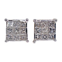 Unisex Invisible Set 1.50ctw Princess Cut Diamond Vintage Stud-Earrings 14K Gold