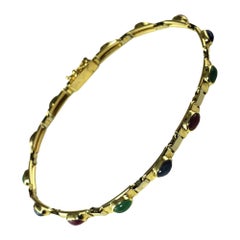 Vintage 14 Karat Yellow Gold Natural Cabochon Ruby, Sapphire Emerald Bracelet #14710