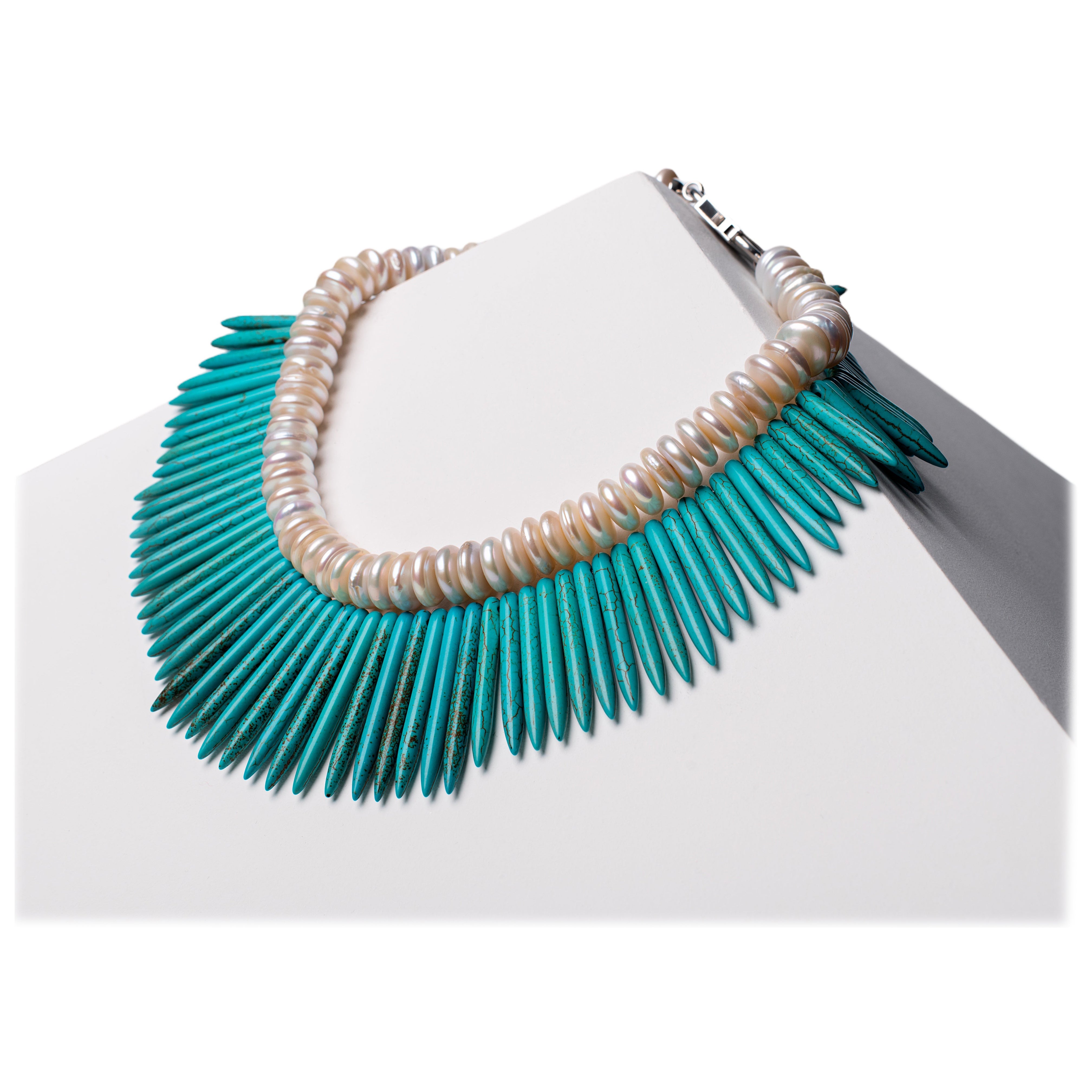 House of Sol Rondelle Pearl and Turquoise Howlite Necklace with HoS Lock