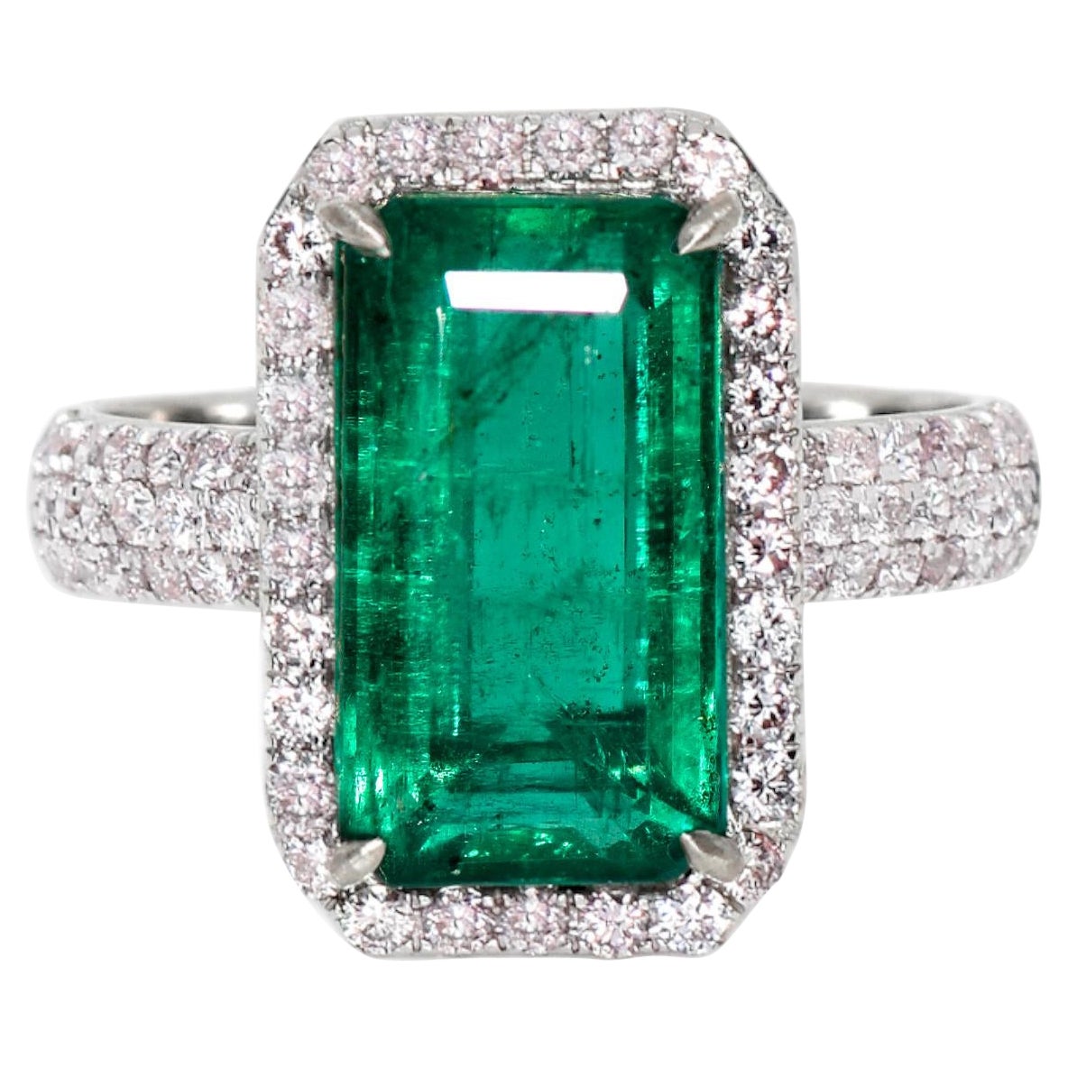 Bague de fiançailles Art Deco IGI 14K de 4,47 ct d'émeraude verte naturelle et de diamant rose