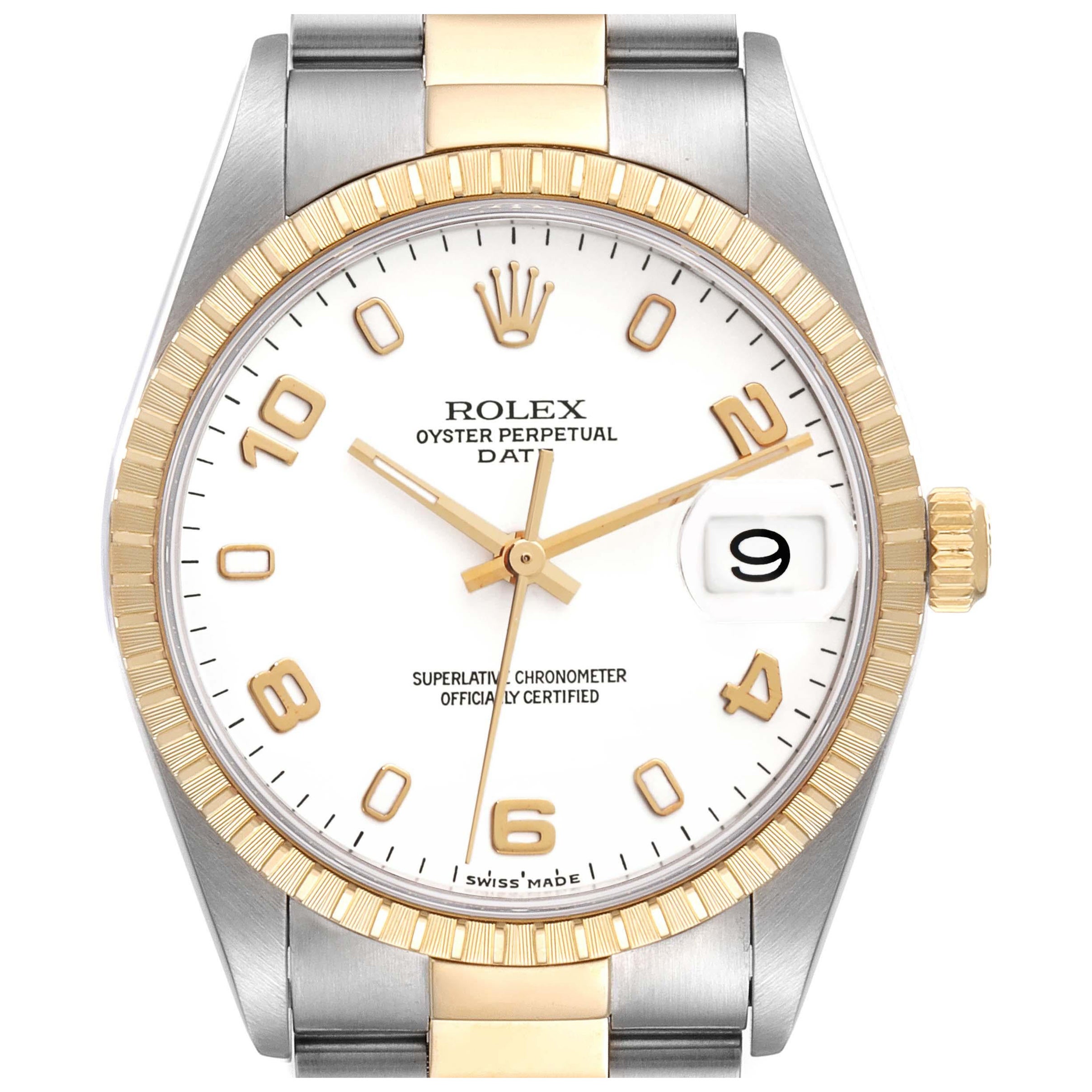 Rolex Date Steel Yellow Gold White Dial Mens Watch 15223 en vente