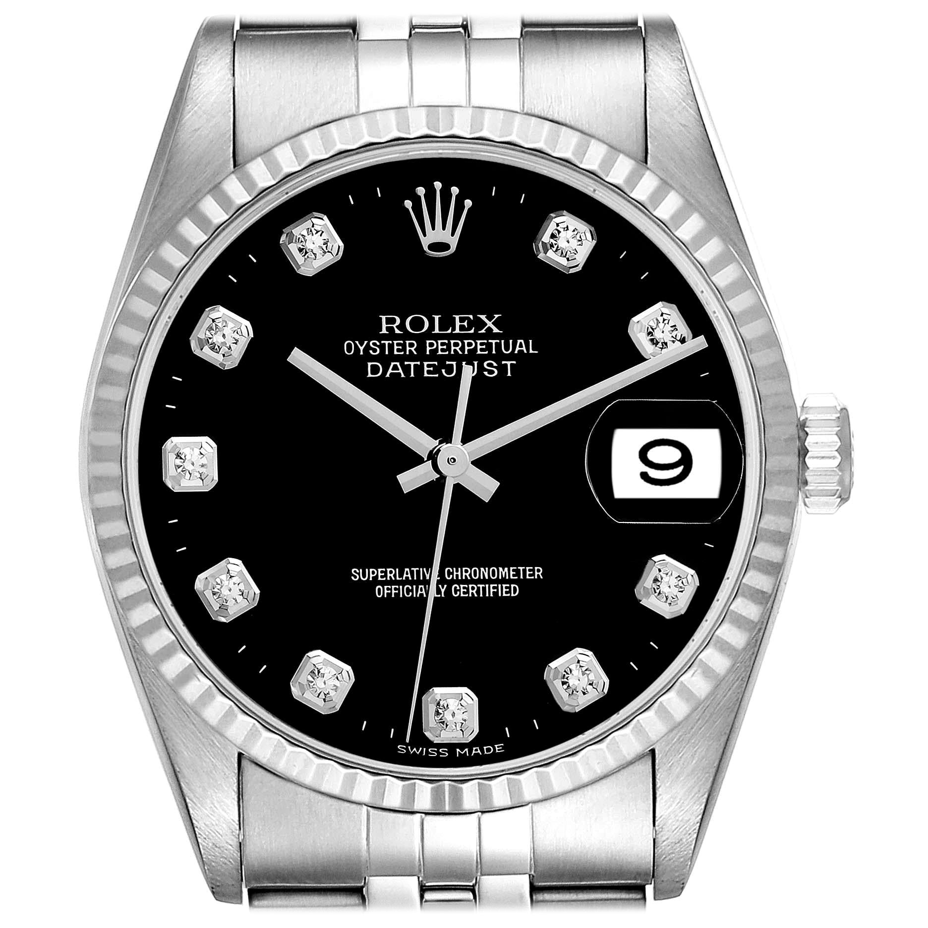 Rolex Datejust Steel White Gold Black Diamond Dial Mens Watch 16234