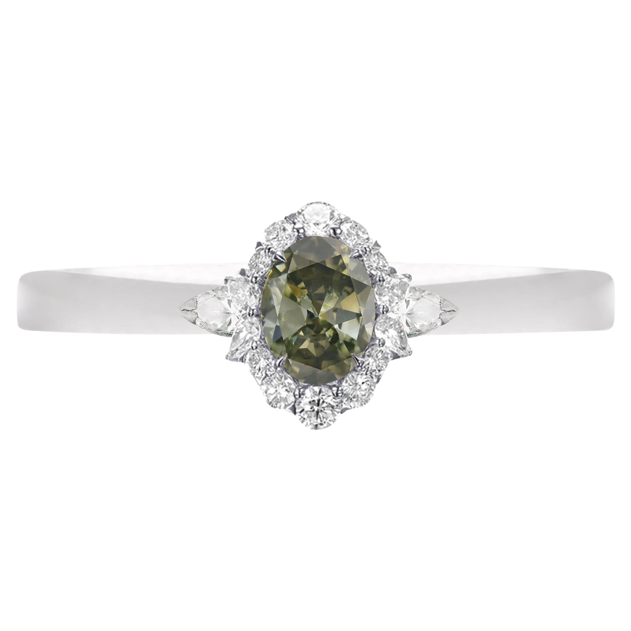 1.15 carat Fancy Dark Grey Yellowish Green Chameleon Diamond Oval Gold 18K Ring For Sale