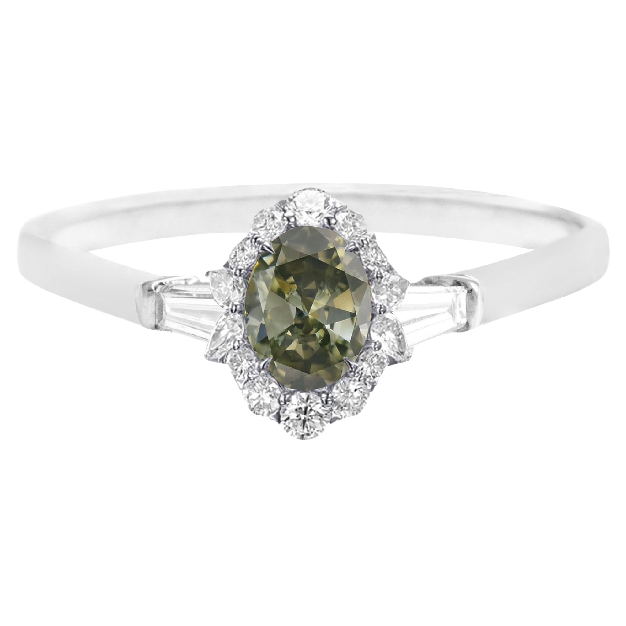 1.15 carat Fancy Dark Grey Yellowish Green Chameleon Diamond Oval Gold 18K Ring
