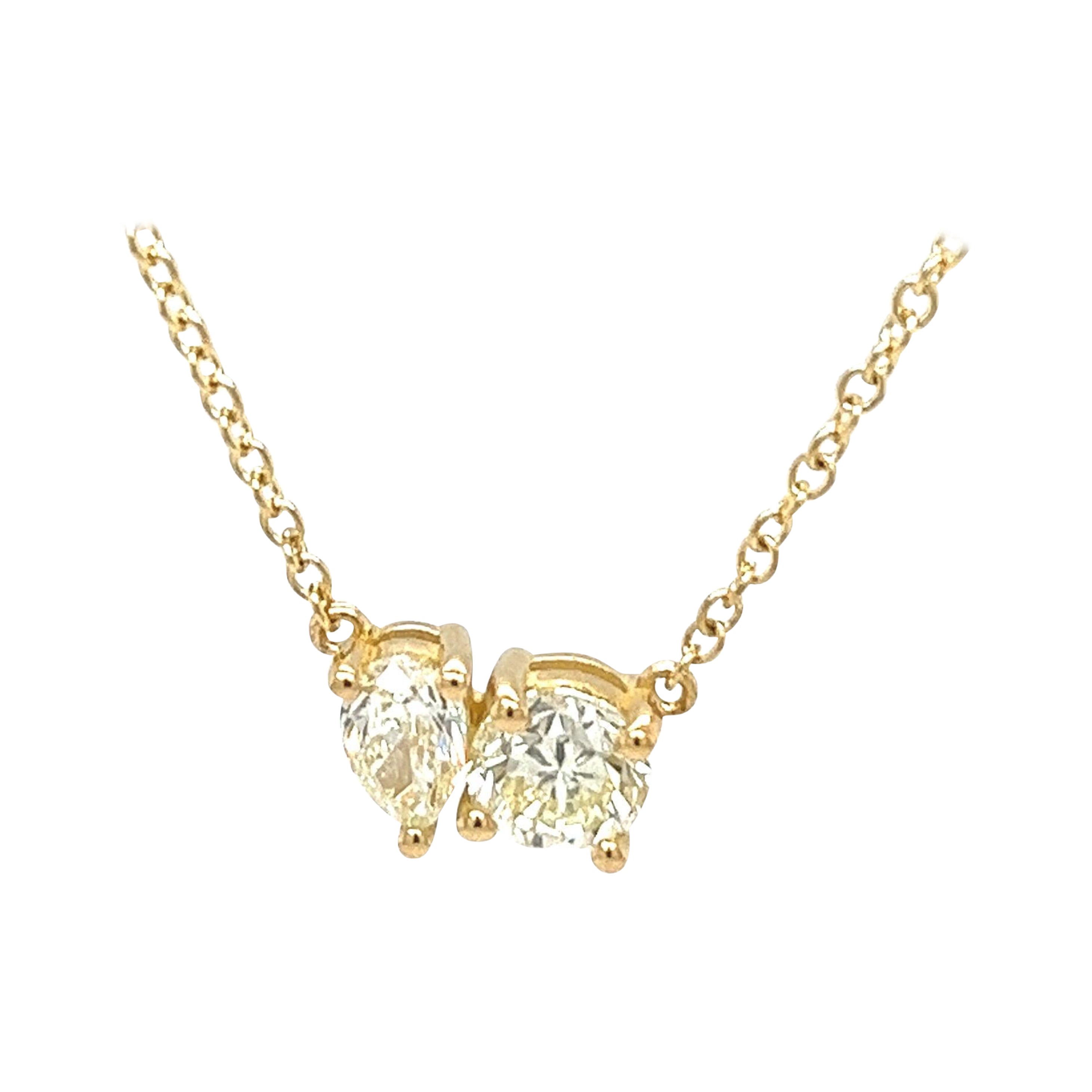 Toi et Moi, collier pendentif en or jaune massif 18 carats avec poire et diamants ronds