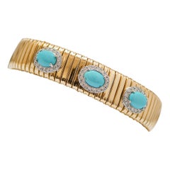 Turquoise, Diamonds, 18 Karat Yellow Gold and White Gold Tubogas Bracelet.