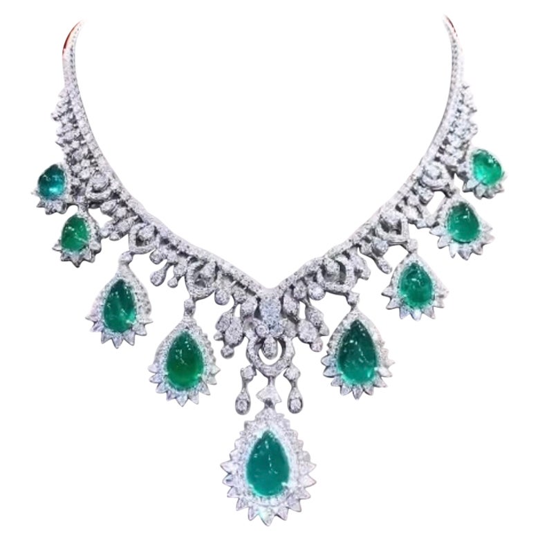 AIG Certified 59.00 Carats Zambian Emeralds  22.00 Ct Diamonds 18K Gold Necklace For Sale