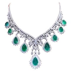 AIG Certified 59.00 Carats Zambian Emeralds  22.00 Ct Diamonds 18K Gold Necklace