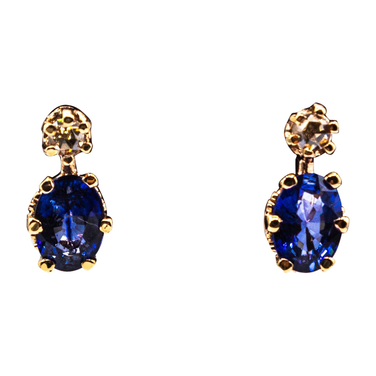 Gelbgold-Ohrhänger im Art-déco-Stil mit weißem Diamanten im Rosenschliff und blauem Saphir im Angebot