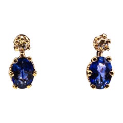Vintage Art Deco Style White Rose Cut Diamond Blue Sapphire Yellow Gold Dangle Earrings