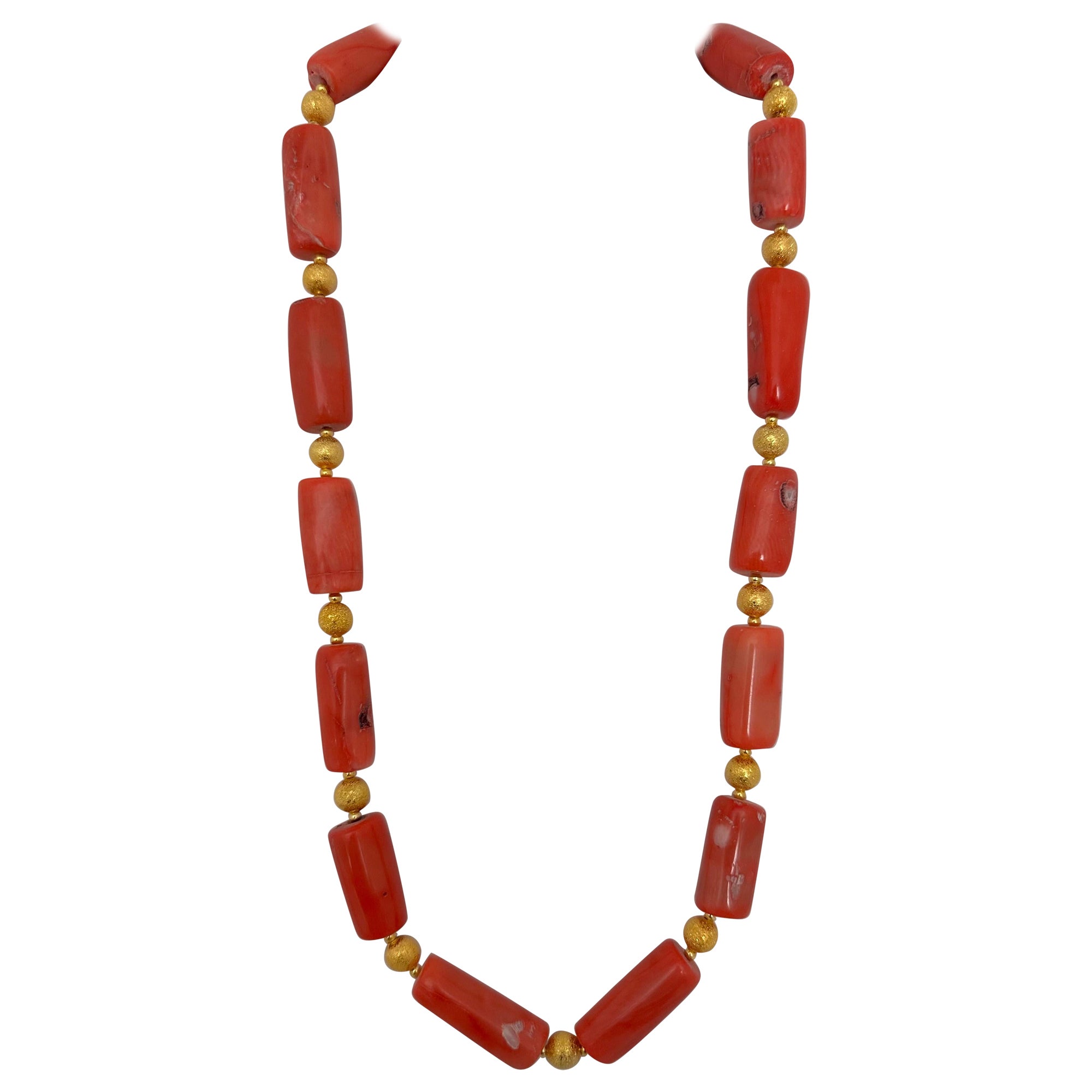 Handmade Gold Plated Beads & Salmon Barrel Shape Coral Beaded 25" Necklace #C37
