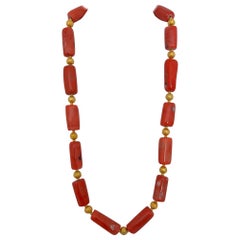 Handgefertigte vergoldete Perlen & Lachs Barrel Shape Koralle Perlen 25" Halskette #C37