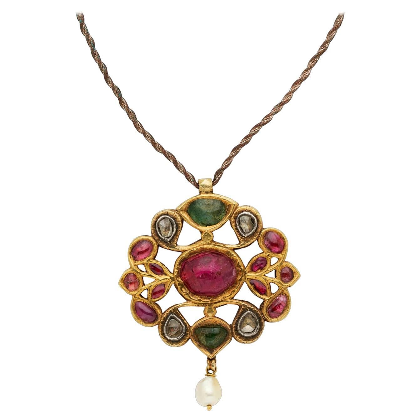 Antique Indian Pendant in Gold with Diamonds, Rubies, Emeralds and Pearl For Sale