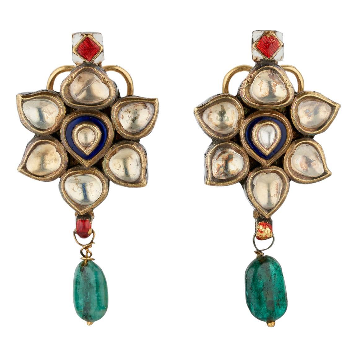 Antique Indian Earrings in Gold with White Sapphire and Emerald Drops For Sale