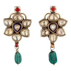 Antique Indian Earrings in Gold with White Sapphire and Emerald Drops