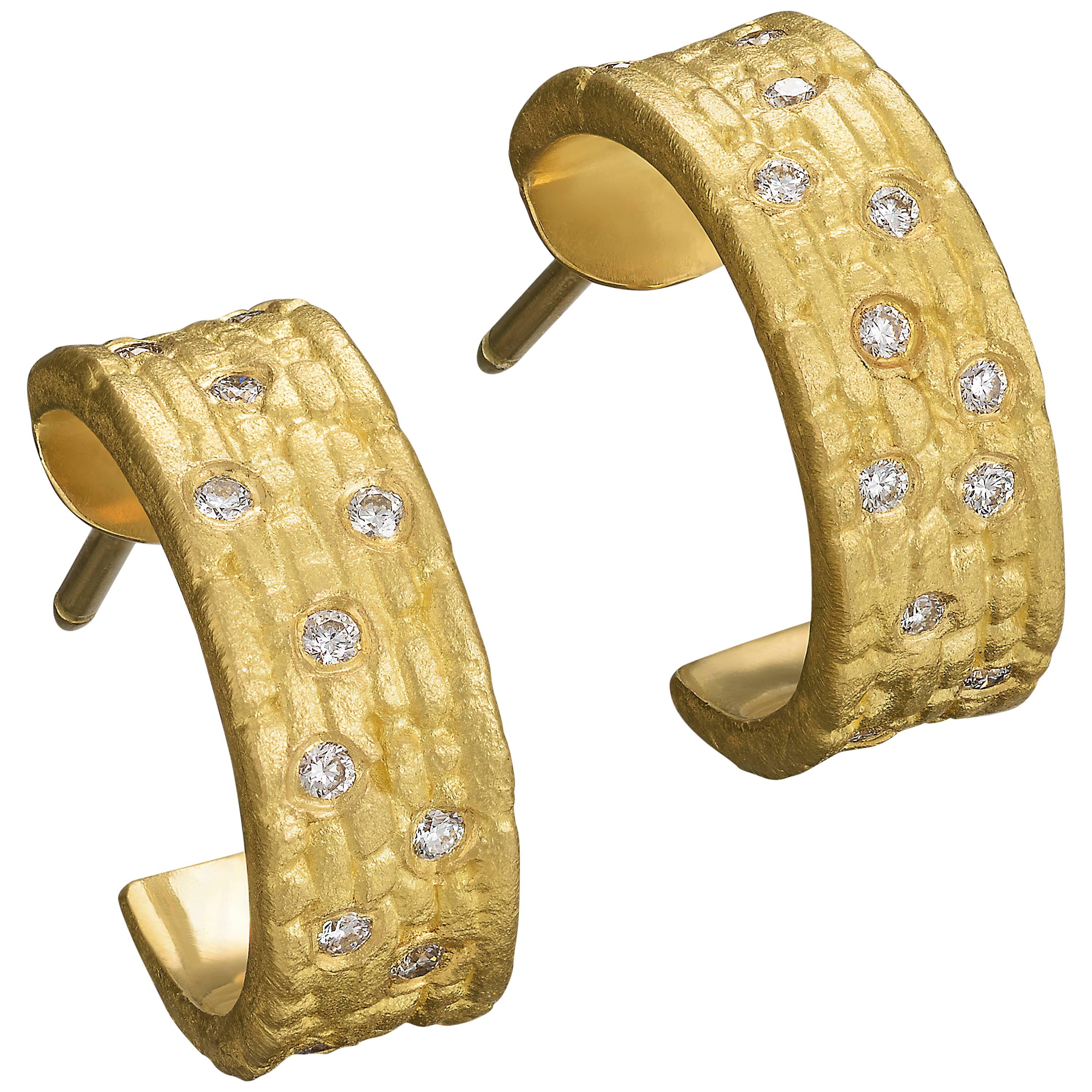 22kt Gold "Starry Night" hoops with White Diamonds For Sale