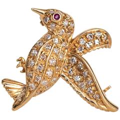 1960s 14K Yellow Gold Bird Brooch Pin