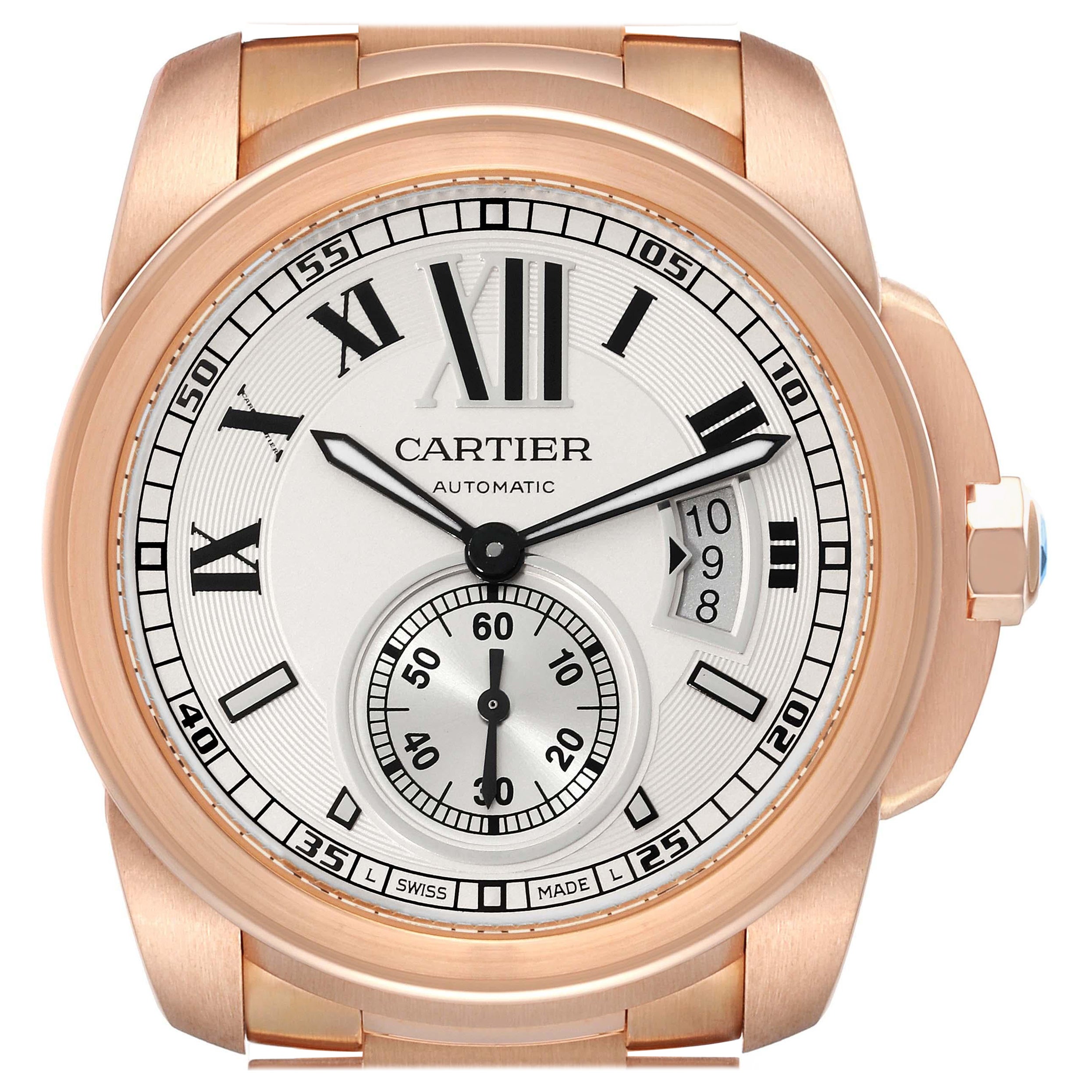 Cartier Calibre Rose Gold Silver Dial Automatic Mens Watch W7100018