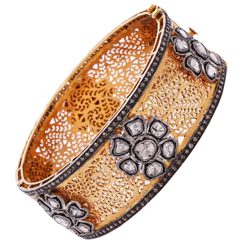 Pulsera Artesanal De Rosecut Con Diamantes En Oro De 14k