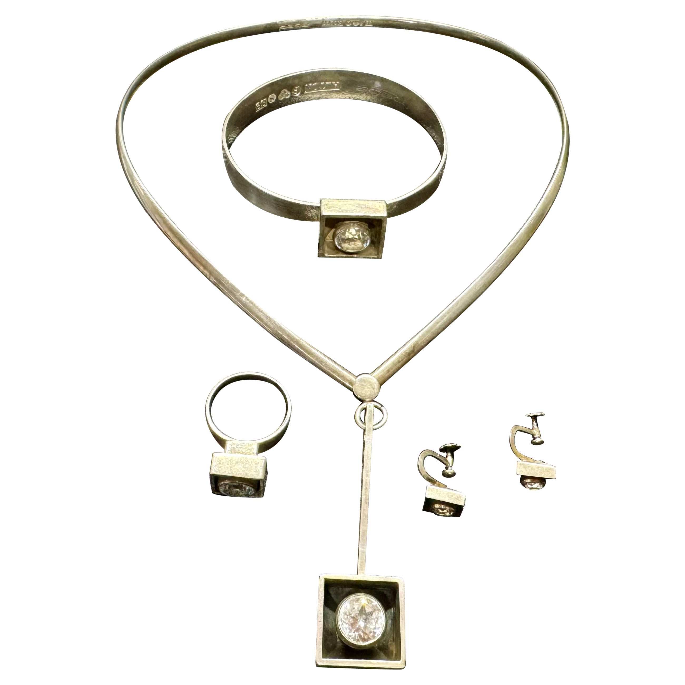 Sterling Necklace, Bracelet, Ring and Earring Rock Crystal Scandinavian Desing