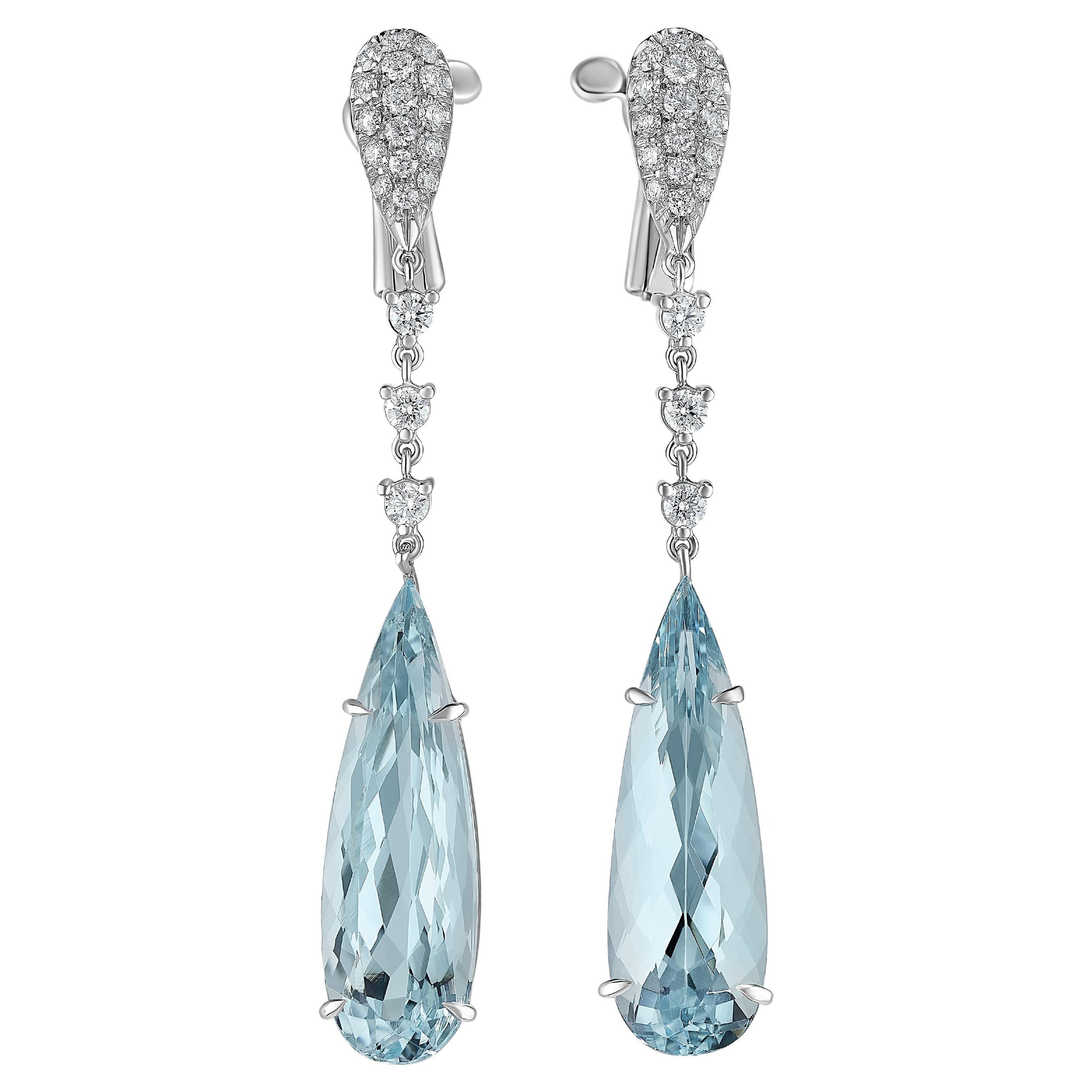 Aquamarine Drops Diamond 18 Karat White Gold Made in Italy  Earrings For Sale