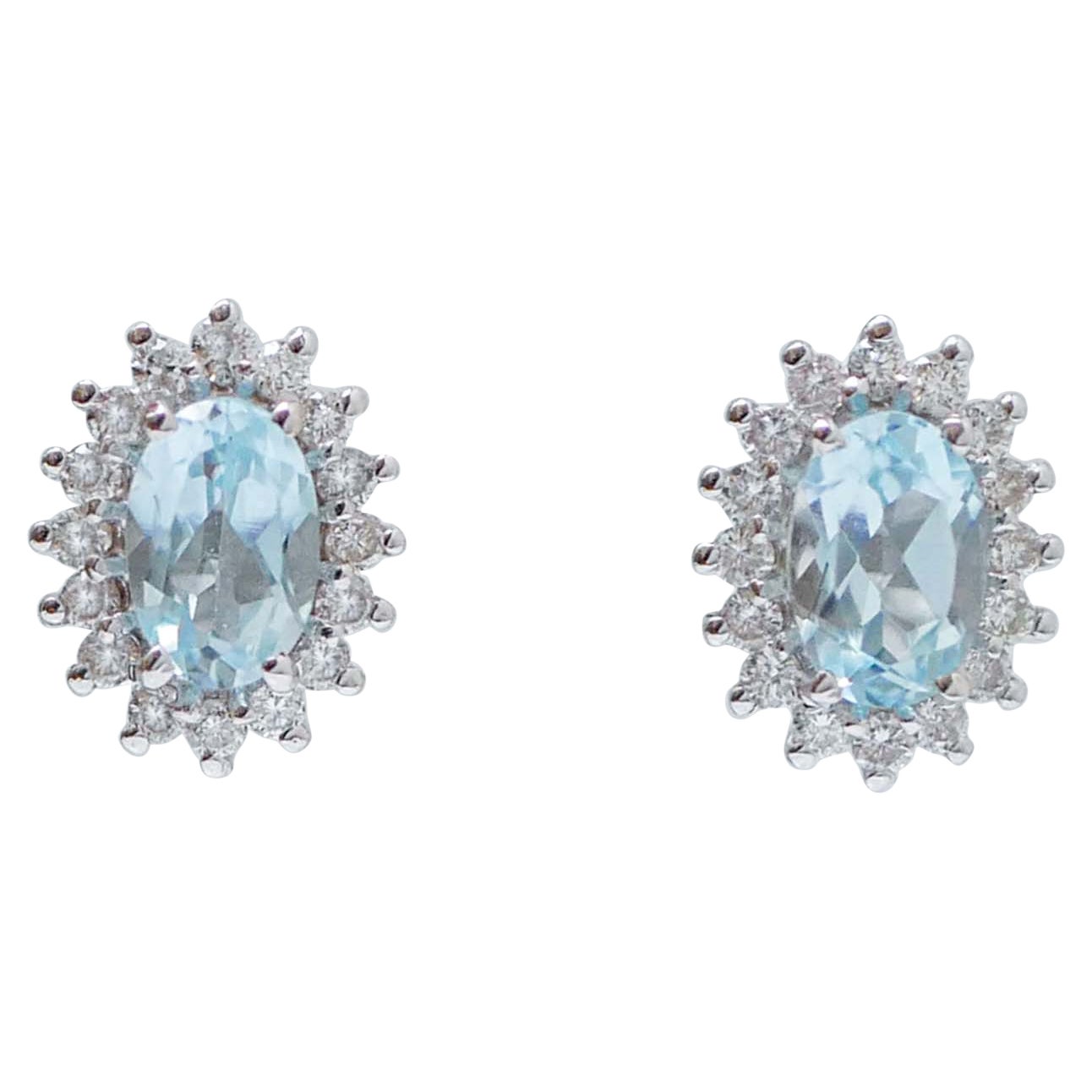 Aquamarine Colour Topaz, Diamonds, 18 Karat White Gold Earrings.