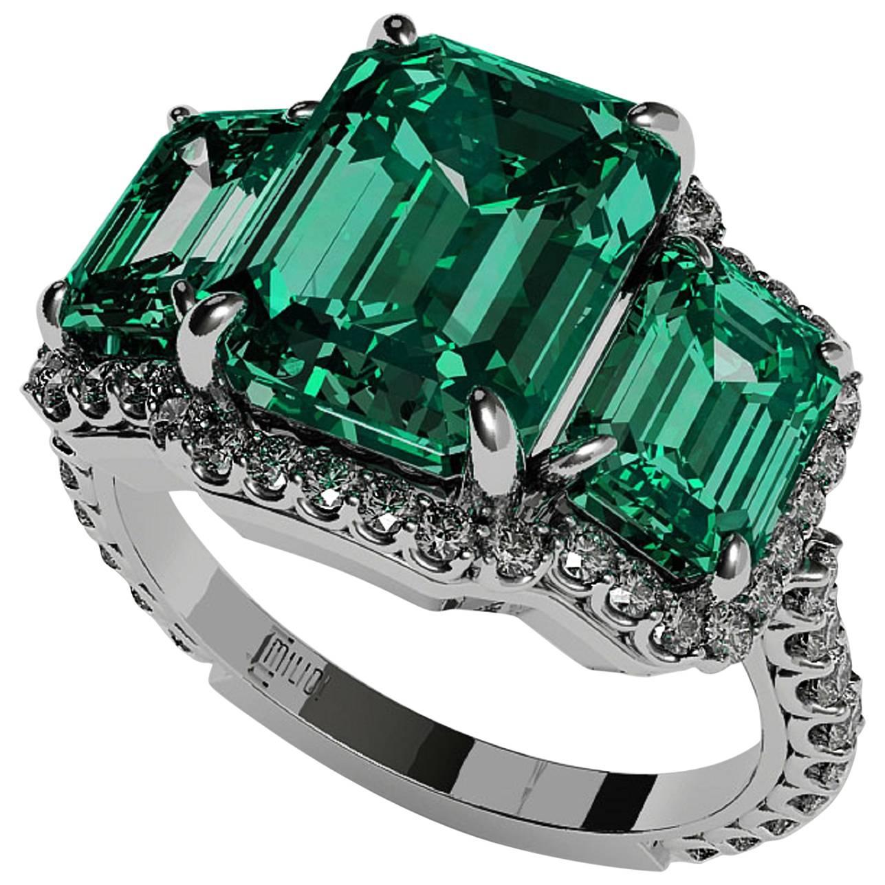 7.00ct Three Stone Emerald Diamond Ring 