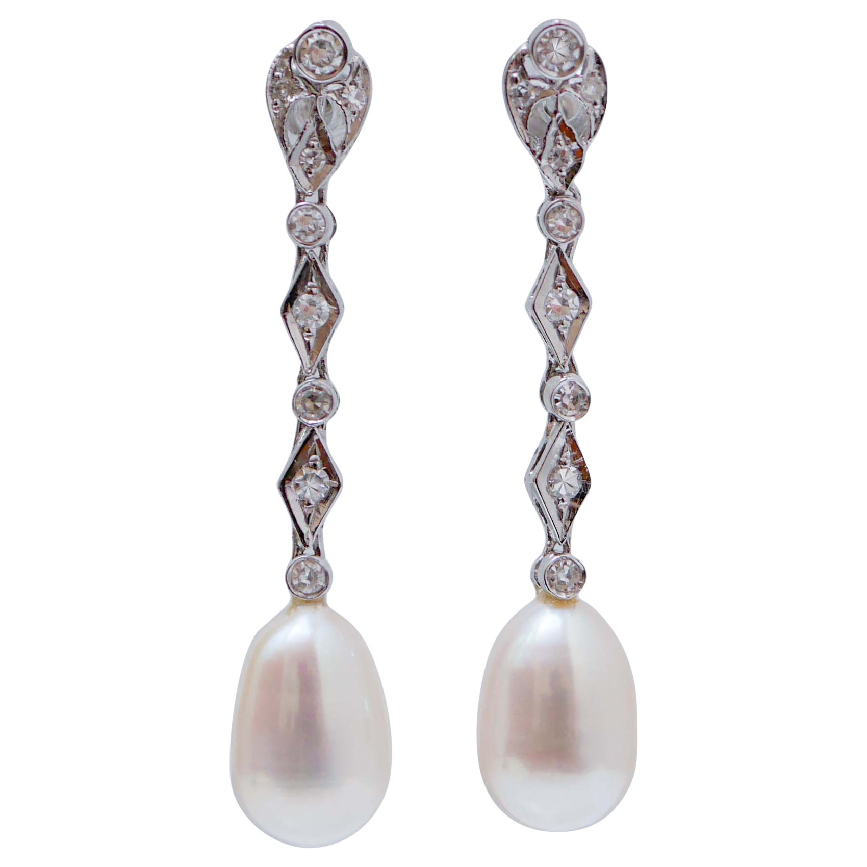 Pearls, Diamonds, 14 Karat White Gold Dangle Earrings. For Sale