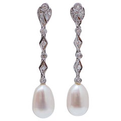 Pearls, Diamonds, 14 Karat White Gold Dangle Earrings.