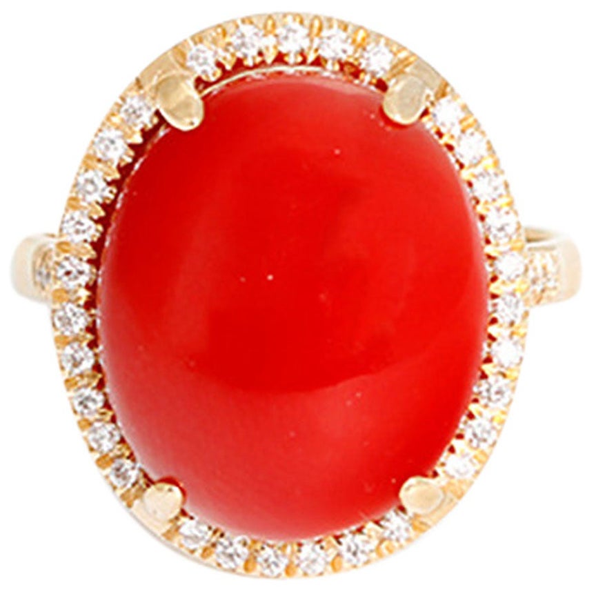 Beautiful Coral Diamond Gold Ring For Sale