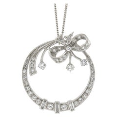 Vintage 14K Gold & Platinum 1.56ctw Diamond Bow Ribbon Round Pendant w/ 18" Curb Chain