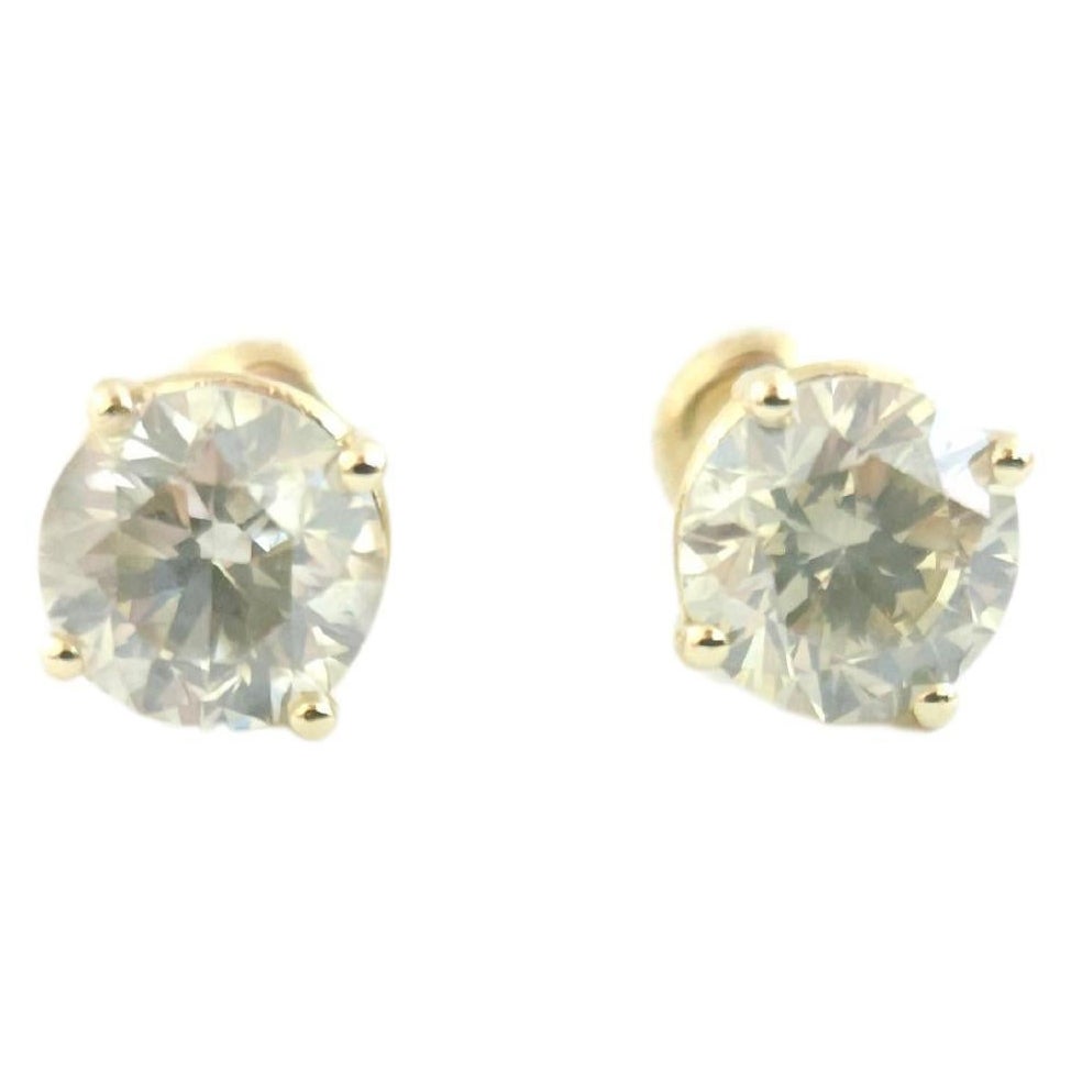 3.05 Ctw Natural Diamond Round Sqrue back Studs Yellow Gold For Sale