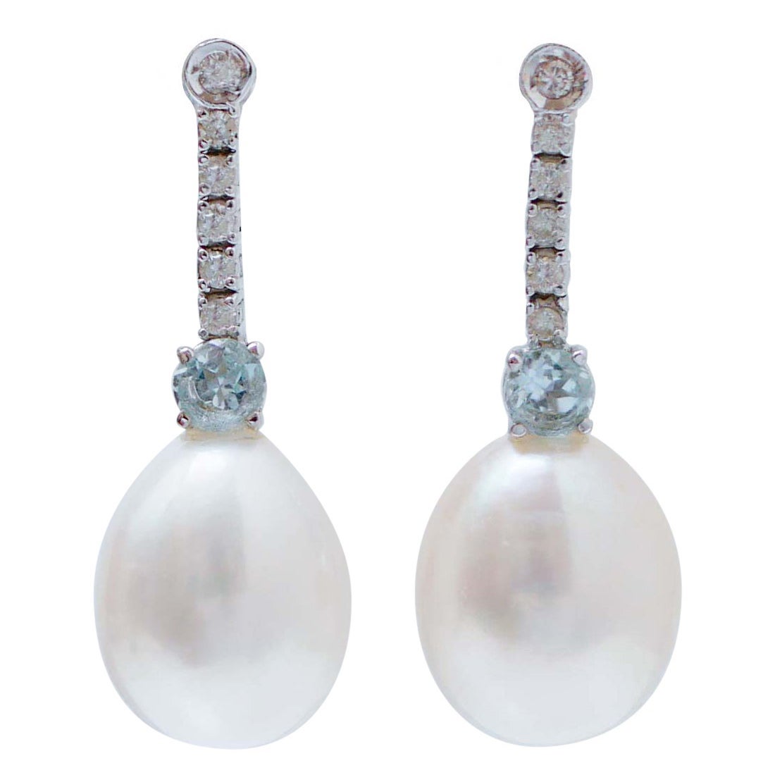Aquamarine Colour Topaz, White Pearls, Diamonds, 14 Kt White Gold Tennis Earring For Sale