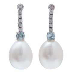Aquamarine Colour Topaz, White Pearls, Diamonds, 14 Kt White Gold Tennis Earring