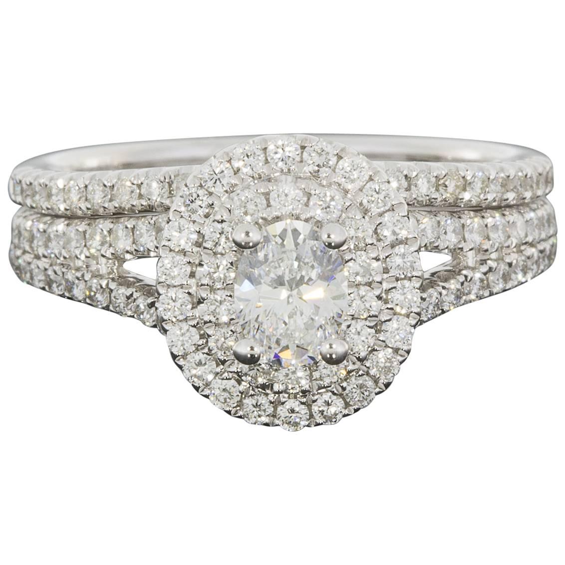 White Gold Oval Diamond Double Halo Engagement Ring & Wedding Band Set