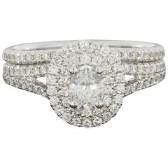 White Gold Oval Diamond Double Halo Engagement Ring & Wedding Band Set